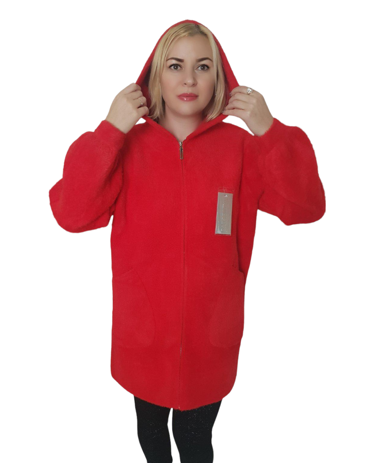 Пальто с капюшоном из шерсти альпака р. 50-54 Красный (98239)