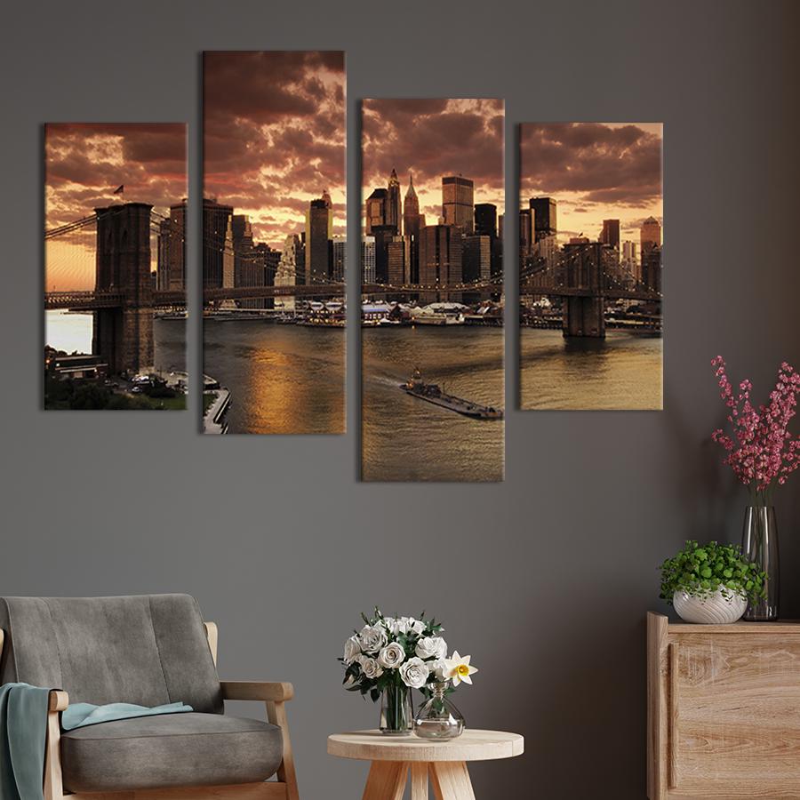 Картина модульная из 4 частей Красивое вечернее небо над Бруклинским мостом M 89x56 см (315-42)
