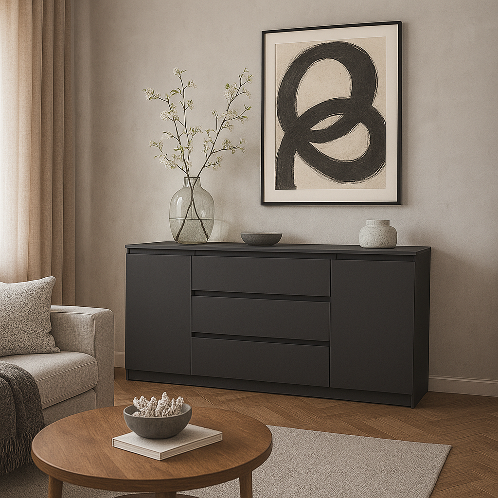 Комод MEBEX на 3 шухляди з боковими тумбами 160х40х77 см Сірий темний (VERTO3B1600DG) - фото 1 Комод MEBEX на 3 шухляди з боковими тумбами 160х40х77 см Сірий темний (VERTO3B1600DG) - фото 1