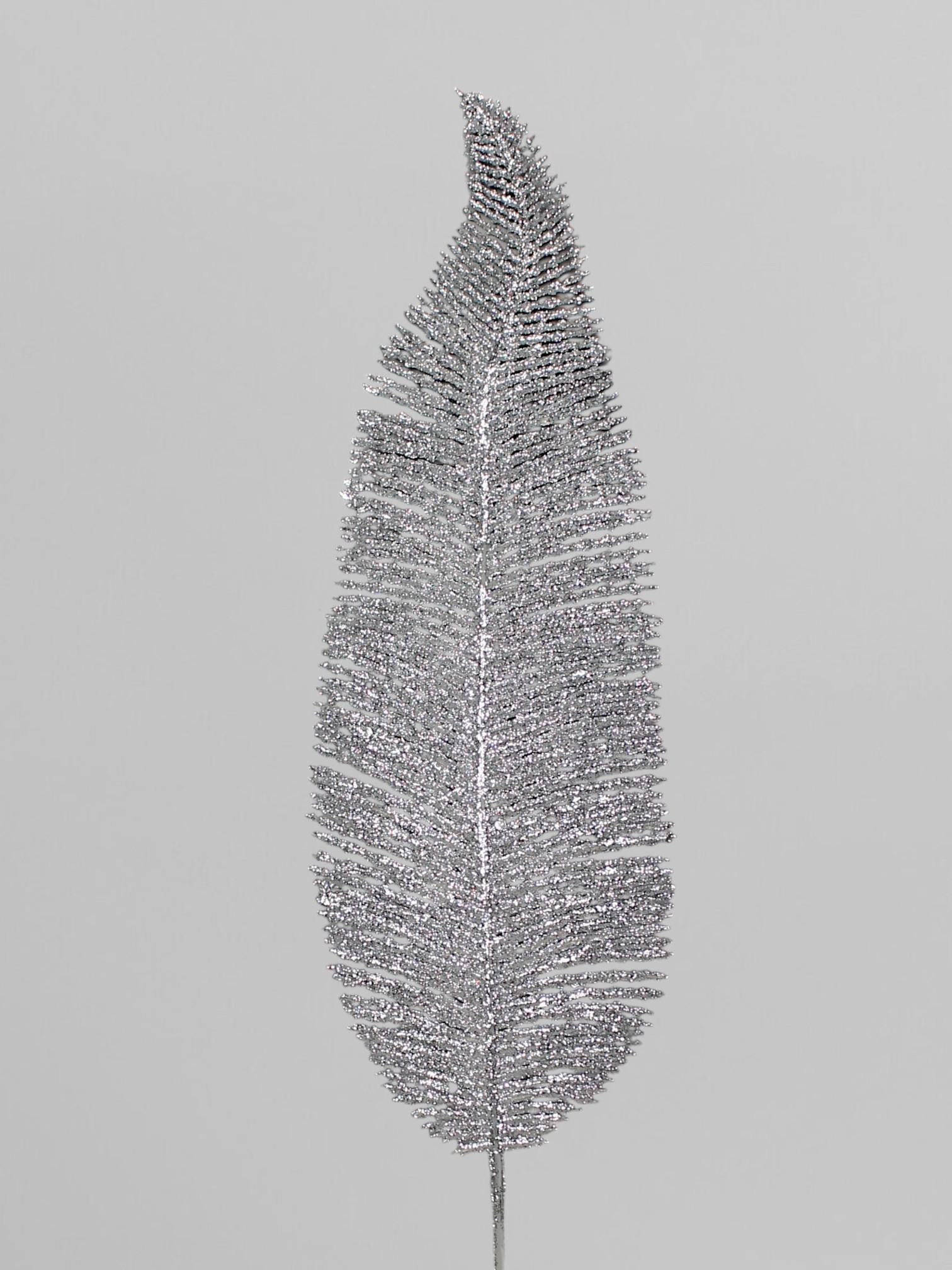 Декоративная ветвь Перья с блестками 39 см Серебристый (Р03073)