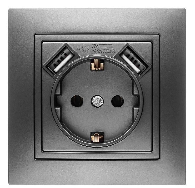 Розетка одноместная с заземлением и двумя USB портами MARSHEL ELEGANT RS16-372 Graffite
