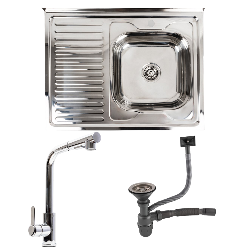 Кухонний комплект Valeso 8060R мийка полірована/змішувач FC-1 з висувною лійкою (000050617)