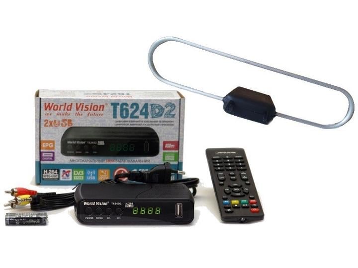 Тюнер WV World Vision Т624D2+/кімнатна антена Кобра з підсилювачем та кабелем