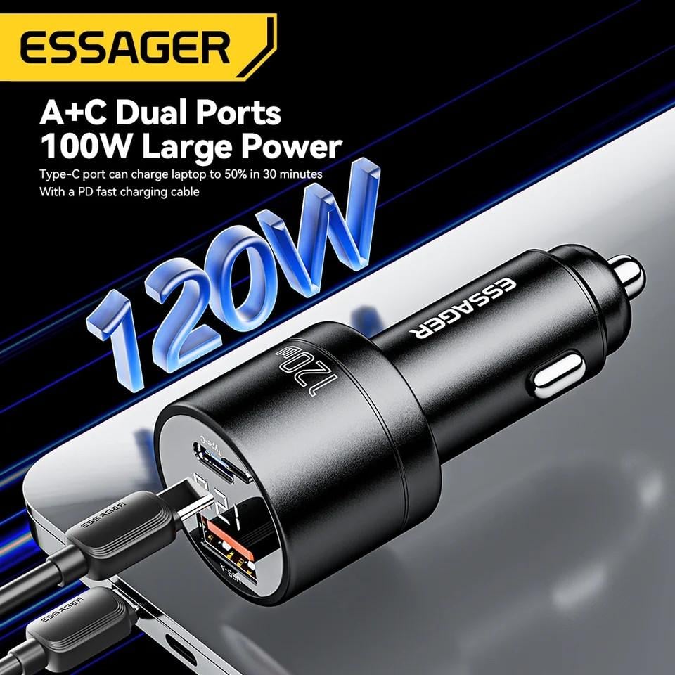 Зарядний пристрій автомобільний Essager 120W LED Type-C 100w/USB 20w Metall (25397283) - фото 2 Зарядний пристрій автомобільний Essager 120W LED Type-C 100w/USB 20w Metall (25397283) - фото 2
