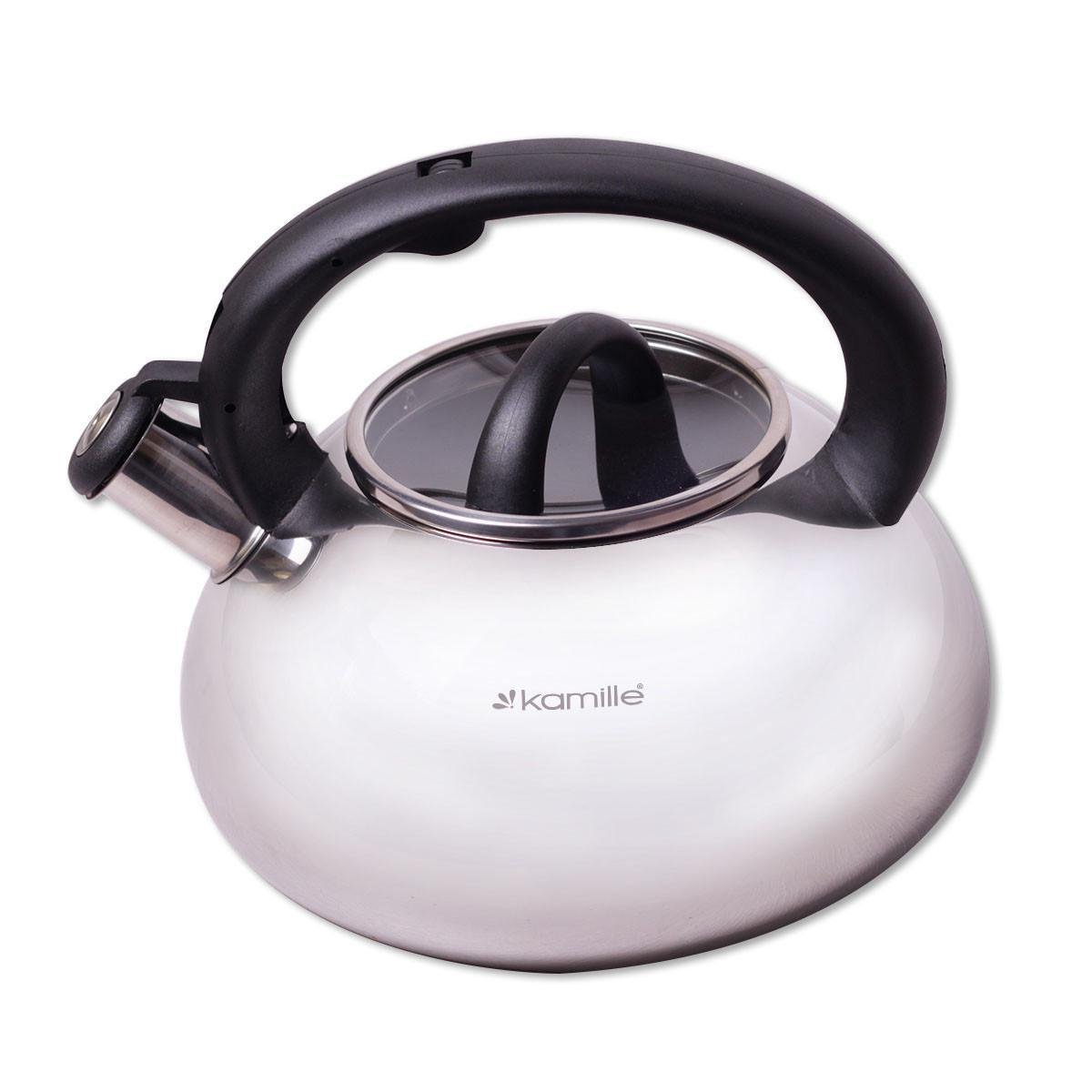 Чайник из нержавеющей стали Kamille со свистком и стеклянной крышкой 3 л