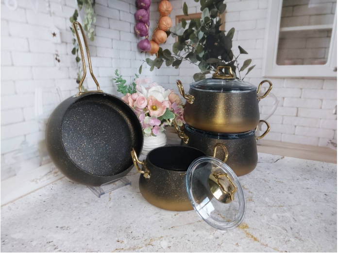 Набір посуду зі сковорідкою OMS з антипригарним покриттям для індукціі 7 предметів Золотий (3041-gold) - фото 4 Набір посуду зі сковорідкою OMS з антипригарним покриттям для індукціі 7 предметів Золотий (3041-gold) - фото 4