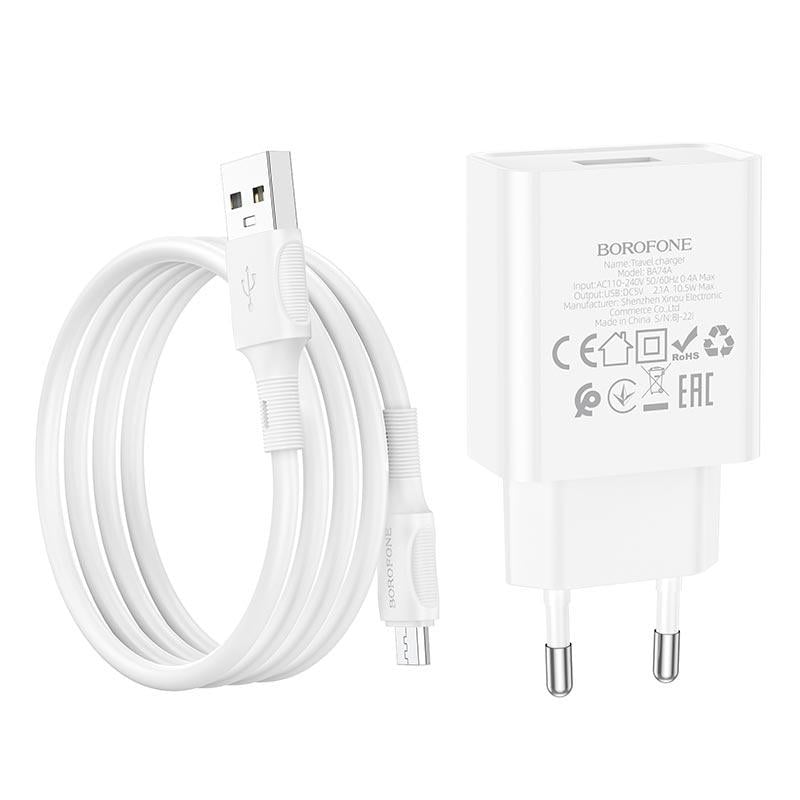 Мережевий зарядний пристрій Borofone Micro USB Cable Aspirer Single Port Charger set BA74A White (10307174)