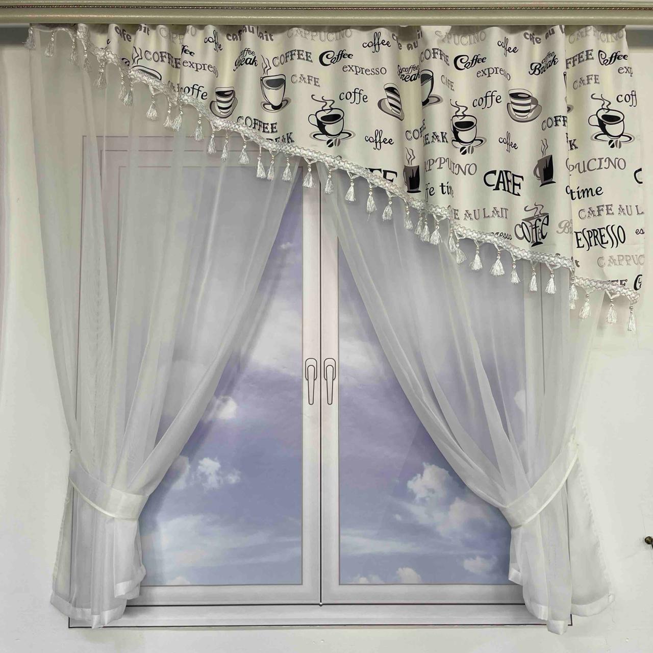 Занавеска с ламбрекеном Coffee Time с бахромой на тесьме шифон/атлас 3x1,8 м Белый/Серый (29225197)