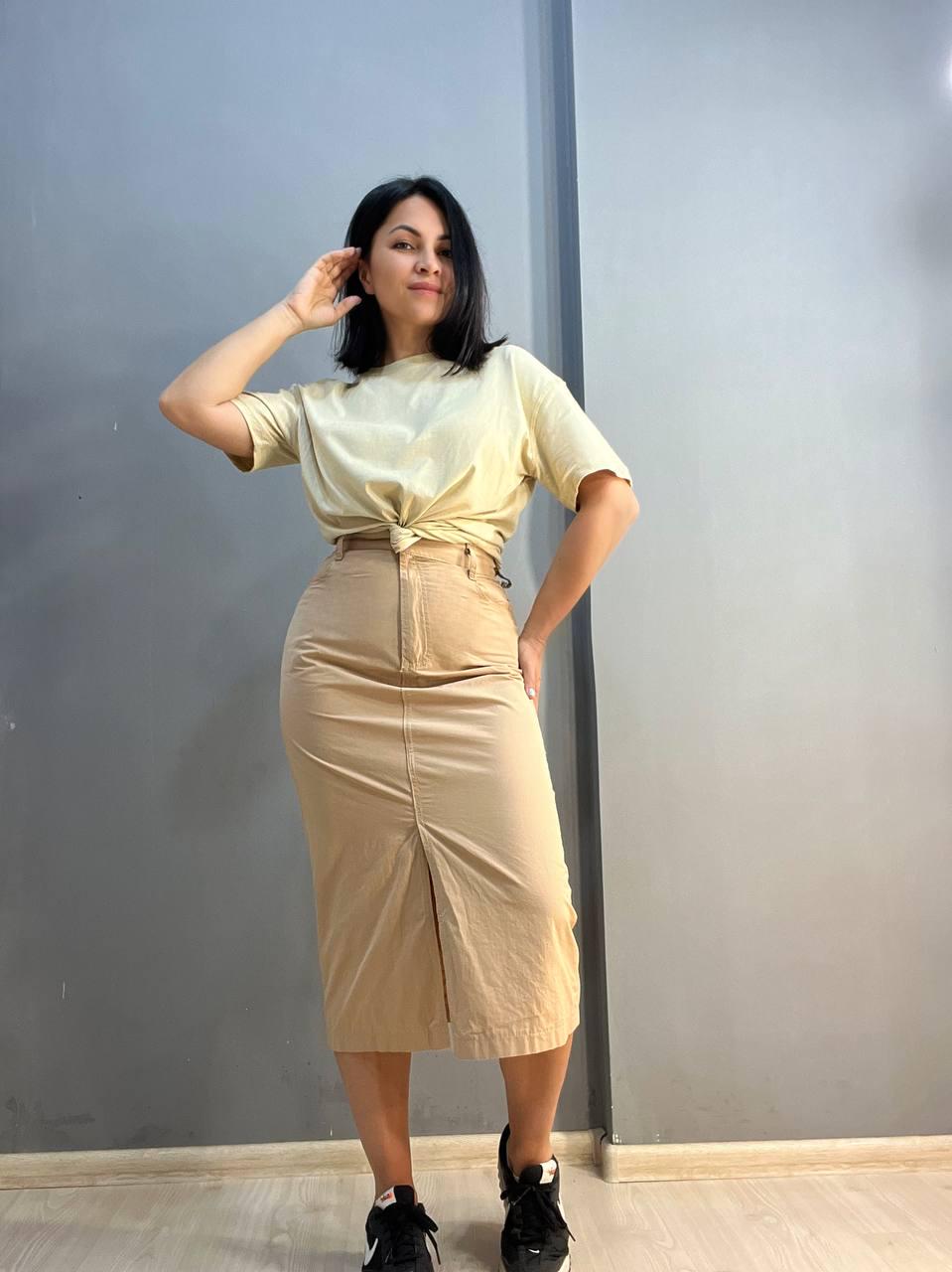 Спідниця жіноча MIX RAY 4261 коттонова французька довжина з розрізом попереду L Капучино (2239) - фото 3