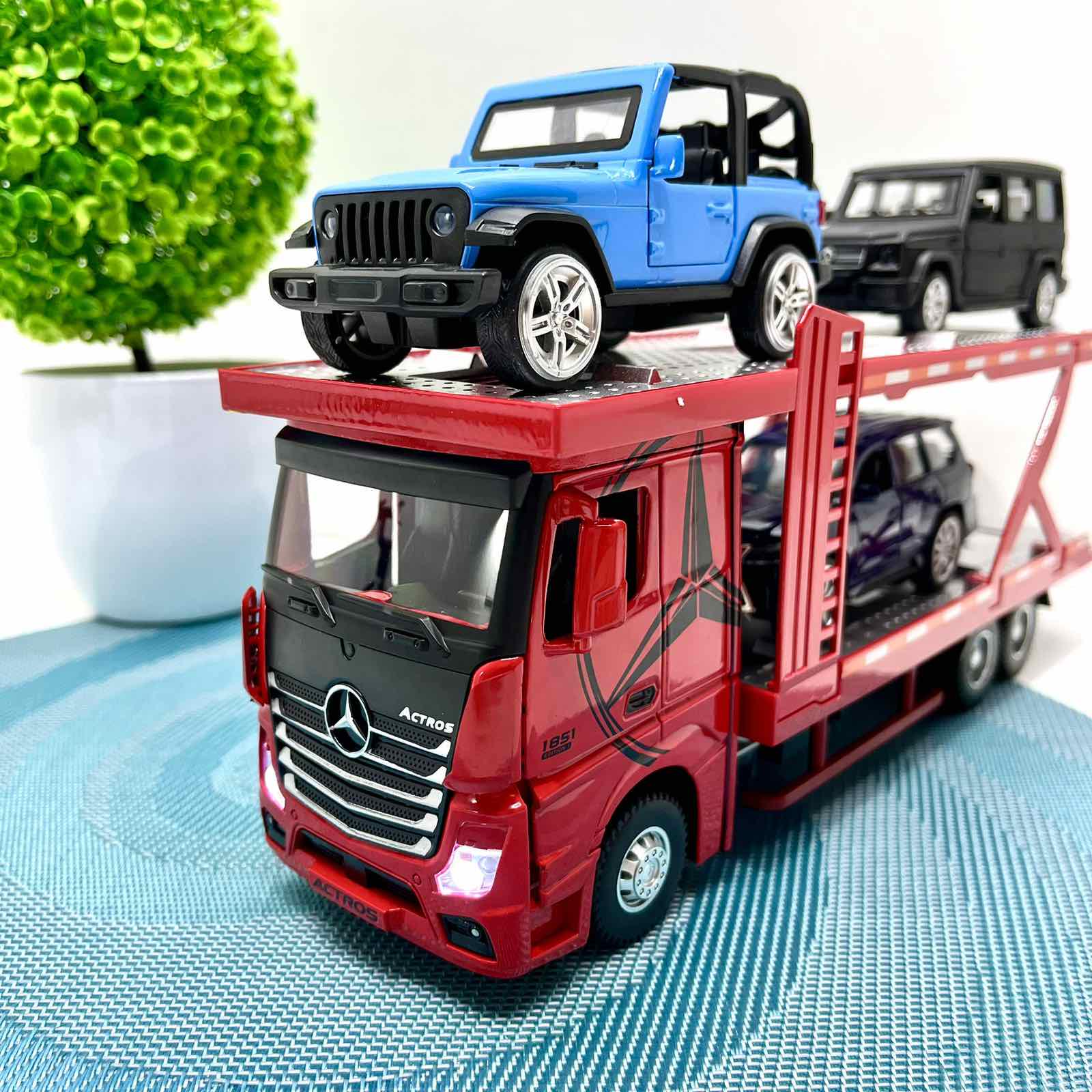 Автовоз Mercedes Actros с машинками световые и звуковые эффекты масштаб 1:24 Красный (53522-46) - фото 12