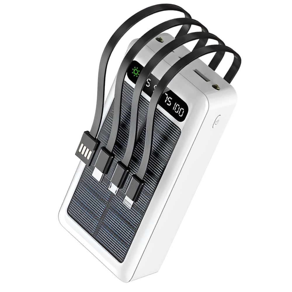 Повербанк с фонарем и солнечной батареи 50000 mAh 4 кабеля быстрая зарядка Белый (2cc6a8ea) - фото 1