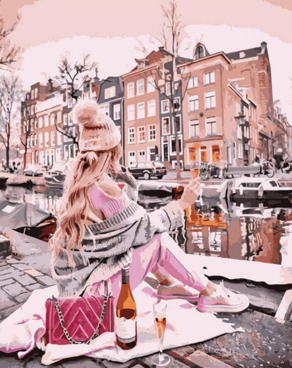 Картина по номерам Strateg Люди Девушка с вином возле канала 40х50 см в термопакете (VA-1541-mt)