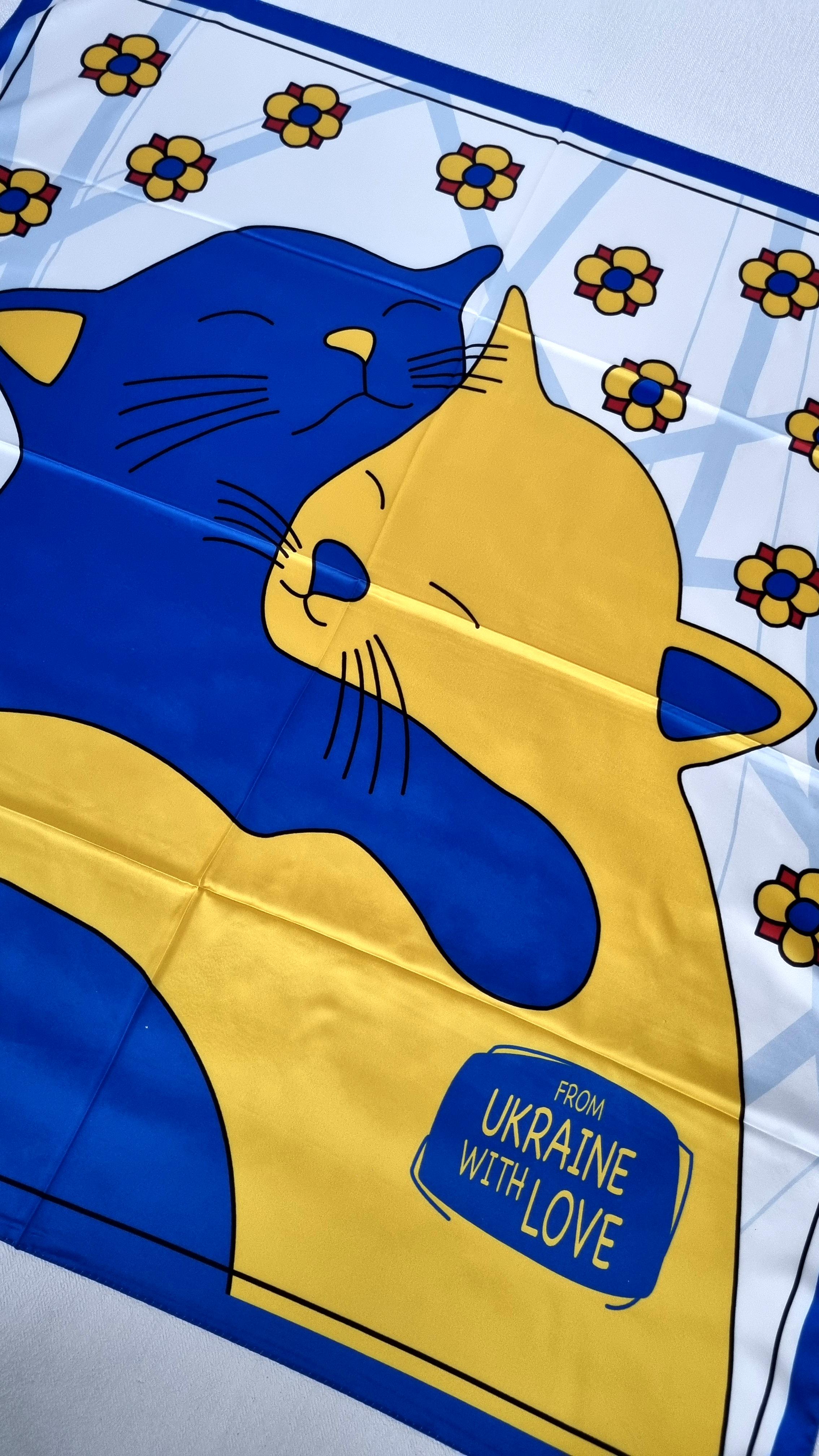 Платок женский патриотический шелковый Патриотические котики 90х90 см Сине-желтый