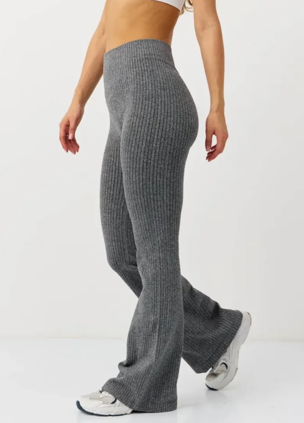 Брюки-лосины клеш в рубчик повседневной с высокой талией бесшовные S Серый меланж (70236/S)