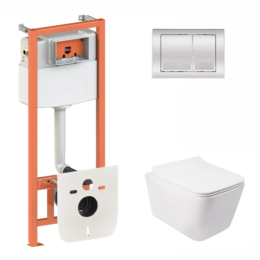 Комплект для ванной комнаты Qtap подвесной унитаз Crow Rimless и комплект установки Nest 4в1 квадратная клавиша Chrome (2610409916)