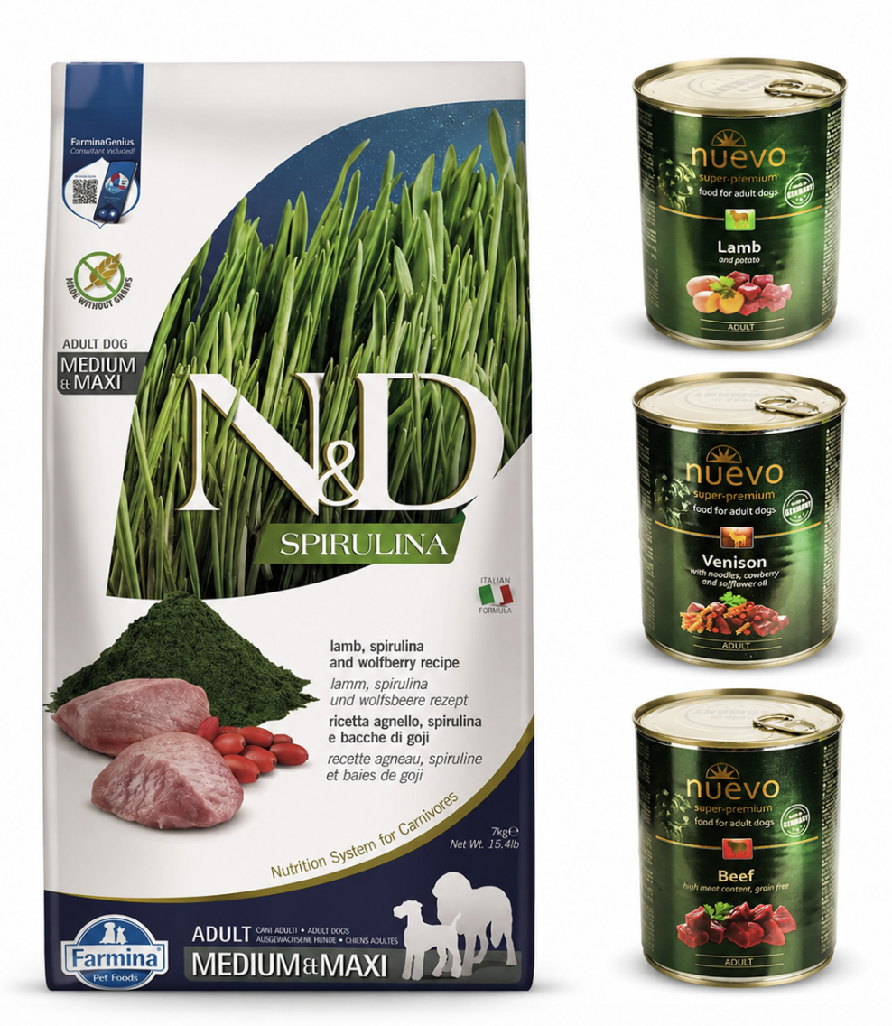 Набор корма для собак средних и крупных пород Farmina N&D Spirulina с ягненком спирулиной и годжи 7 кг и консервы Nuevo 3 шт. по 400 г