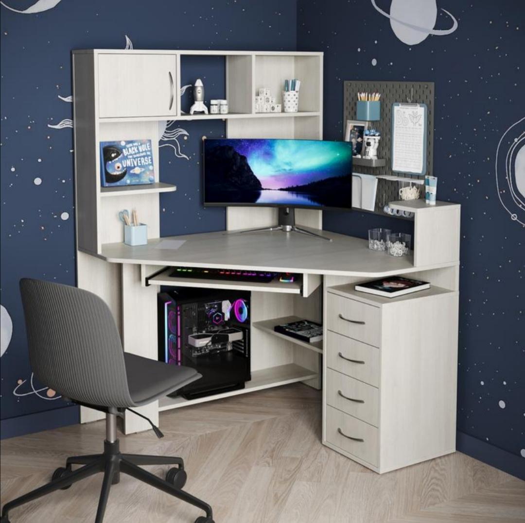 Стіл кутовий комп'ютерний з тумбою та полицями Дуб шамоні світлий