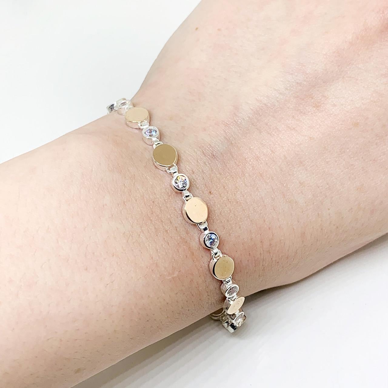 Браслет серебряный с кубическим цирконием и золотыми пластинами р. 19,5 9,94 г