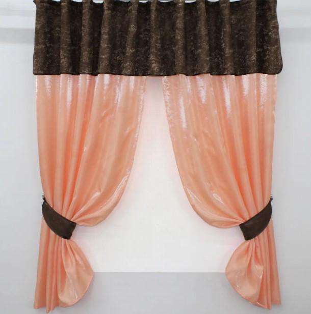 Занавеска на кухню с ламбрекеном 270х170 см Персиковый/Коричневый (073к)