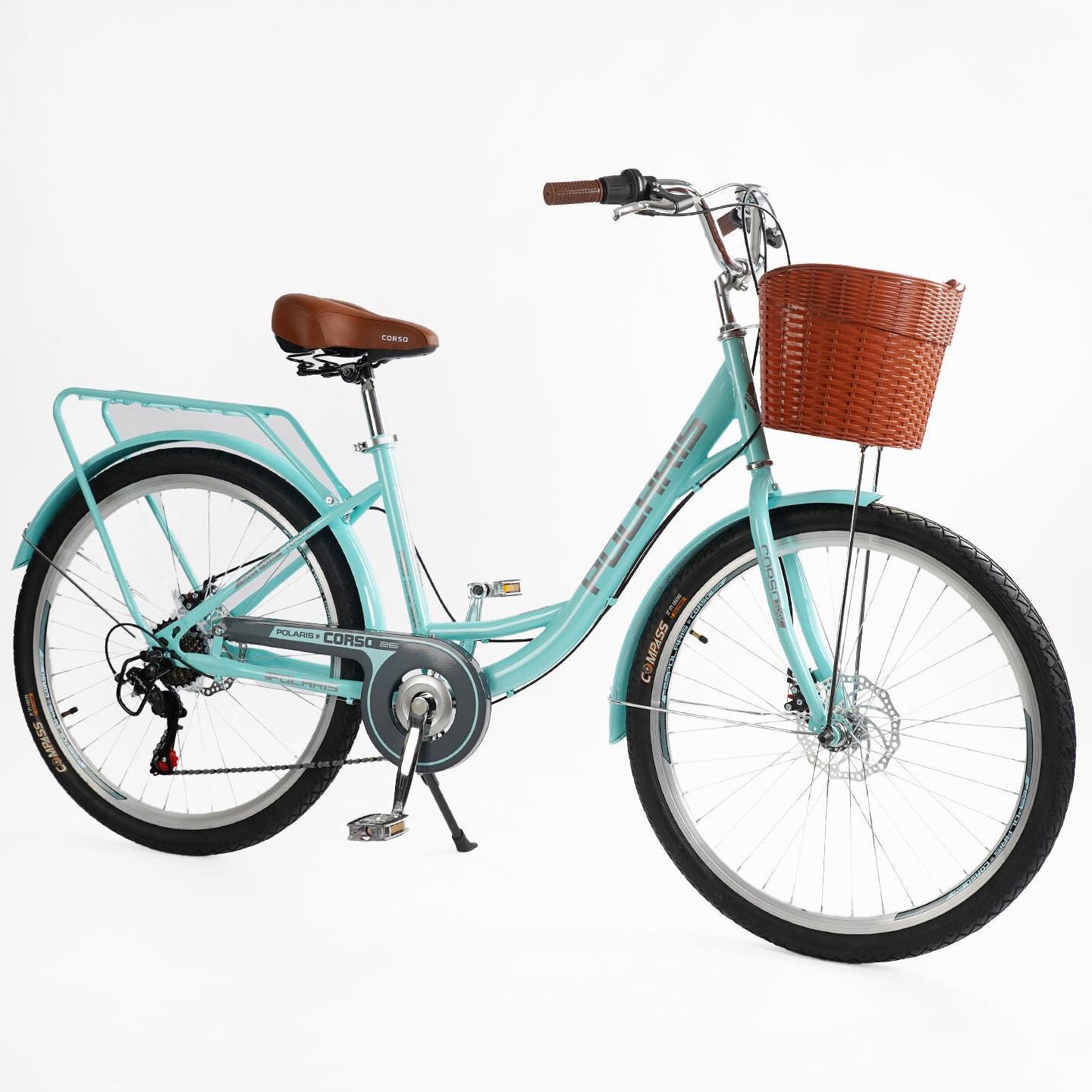Велосипед міський Corso Polaris з кошиком та багажником рама 16,5"/26" Бірюзовий - фото 2 Велосипед міський Corso Polaris з кошиком та багажником рама 16,5"/26" Бірюзовий - фото 2