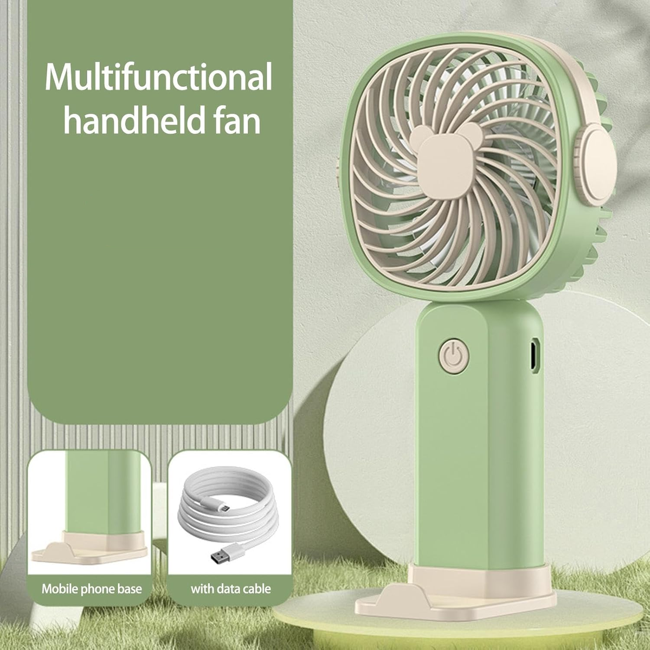 Вентилятор акумуляторний з підставкою для телефону Handheld Fan USB Зелений (2869) - фото 10