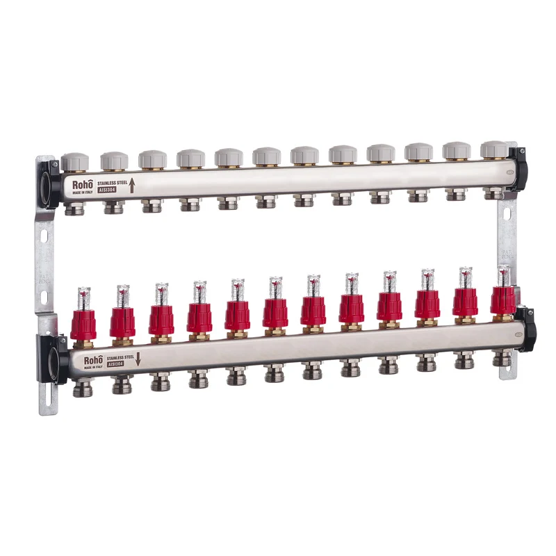Коллектор Roho R804-12 с расходомером и термостатическими клапанами 1" 12 выходов (RO0044) Коллектор Roho R804-12 с расходомером и термостатическими клапанами 1" 12 выходов (RO0044)