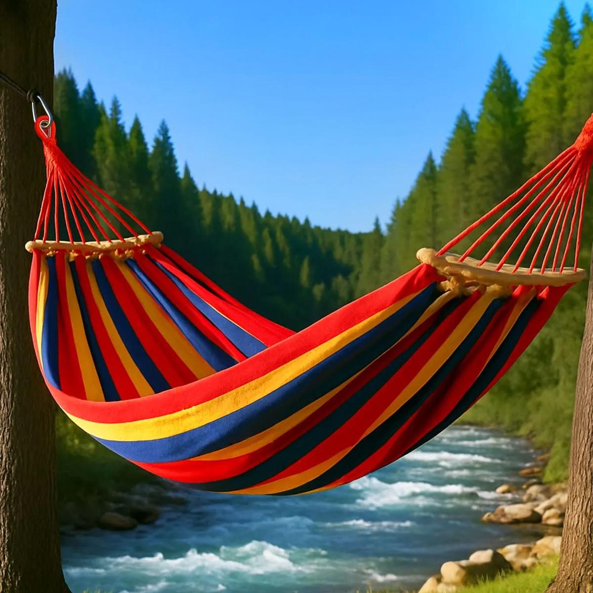 Гамак тканинний двомісний з дерев'яною планкою 260х150 см Червоний