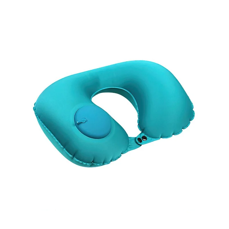 Дорожная надувная подушка-подголовник Travel Neck Pillow на шею со встроенной помпой Бирюзовый