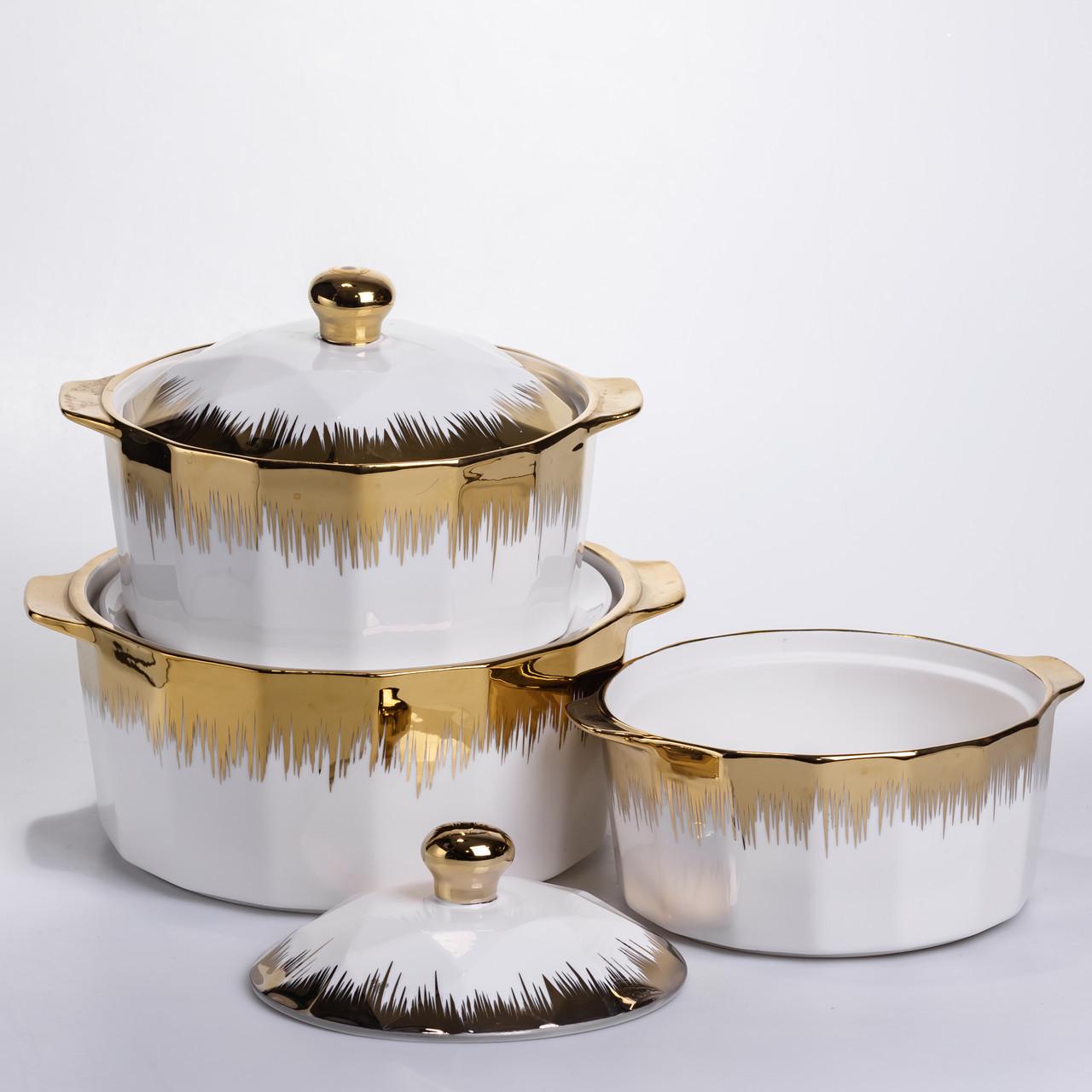 Набор супниц фарфоровых с крышкой и ручками для дома и ресторана с позолотой 3 шт. 1,5/2/3 л - фото 2 Набор супниц фарфоровых с крышкой и ручками для дома и ресторана с позолотой 3 шт. 1,5/2/3 л - фото 2