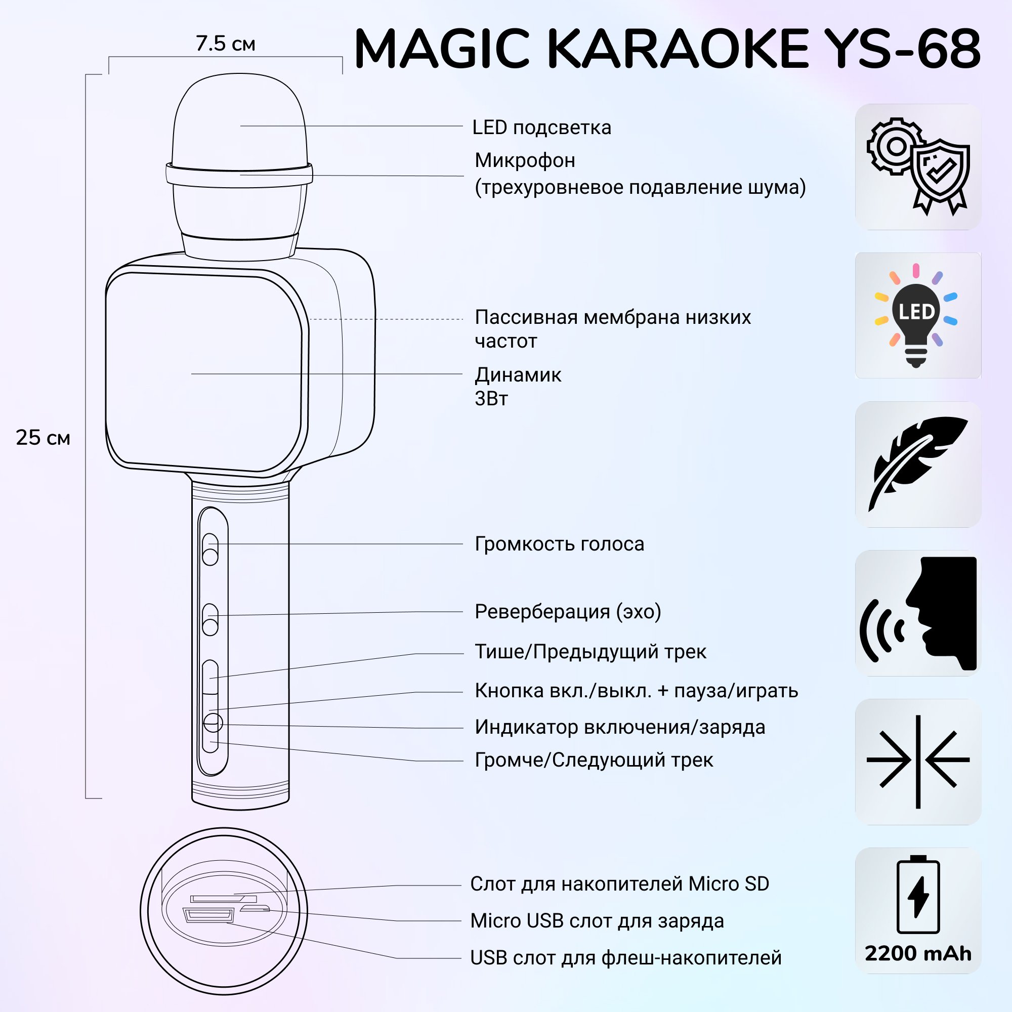 Караоке микрофон Bluetooth Magic Karaoke YS-68 колонка с двумя динамиками Черный - фото 10