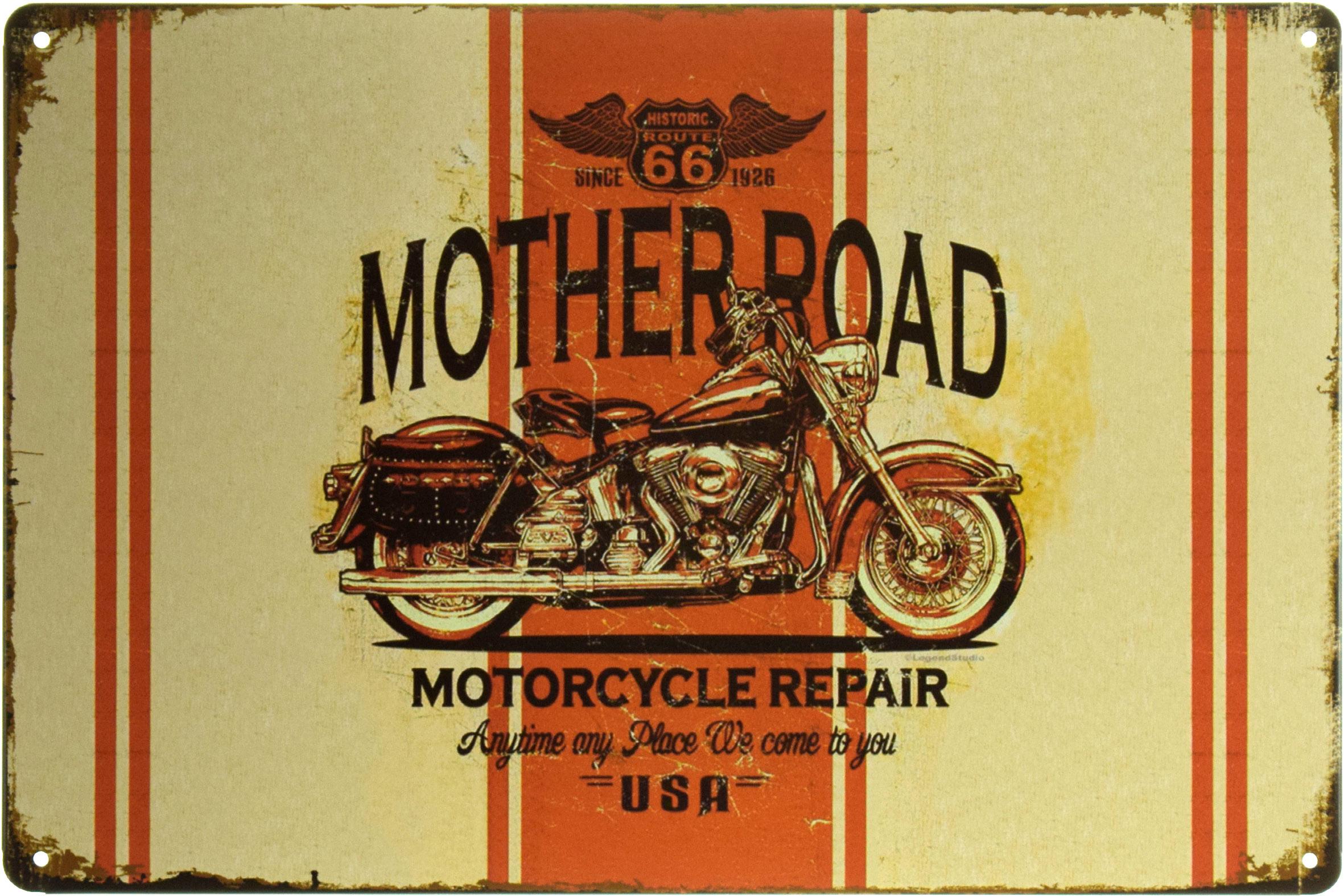 Табличка металлическая Ремонт Мотоциклов Route 66 20x30 см