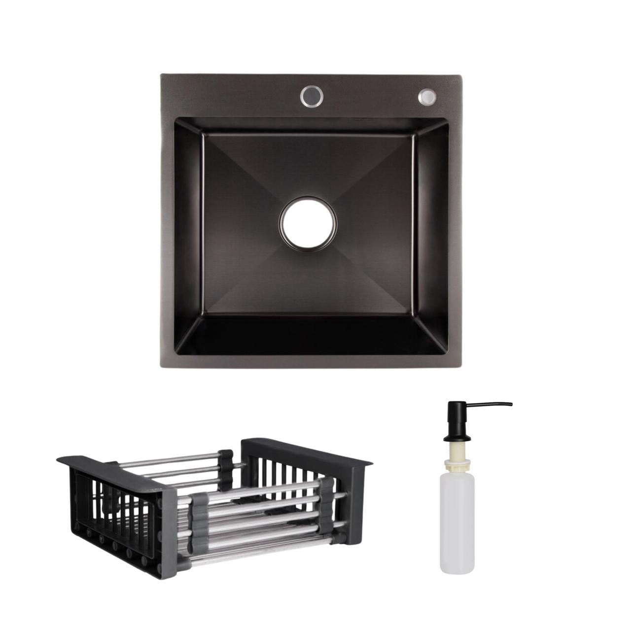 Комплект Lidz Handmade H5050B мийка для кухні інтегрована PVD Black з дозатором/Lidz K01B корзина (2553560851)