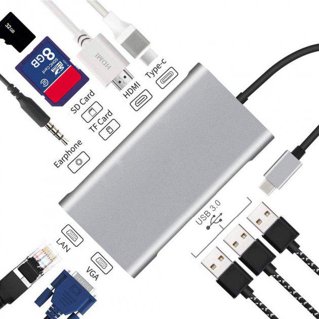 USB-хаб Foxconn Type-C на HDMI/VGA/AUX 3,5 мм/SD-TF Card Reader/USB-хаб 3x3,0/Ethernet LAN RJ-45/USB-C Chargin (A10033) - фото 5