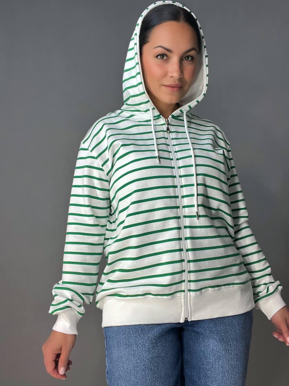 Толстовка жіноча PEPPER MINT 24-01 в смужку на блискавці з капюшоном OS Зелений (1371)