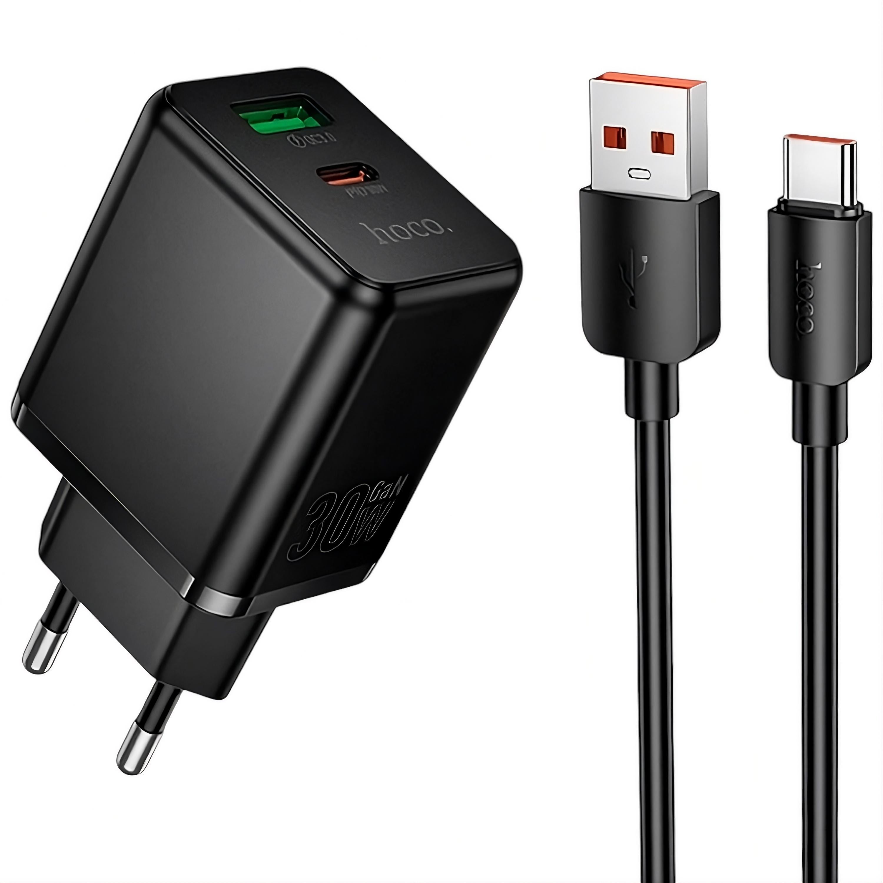 Адаптер сетевой Hoco C157A 30W PD USB-C/USB-A GaN/кабель Type-C 100W Черный (32184048)