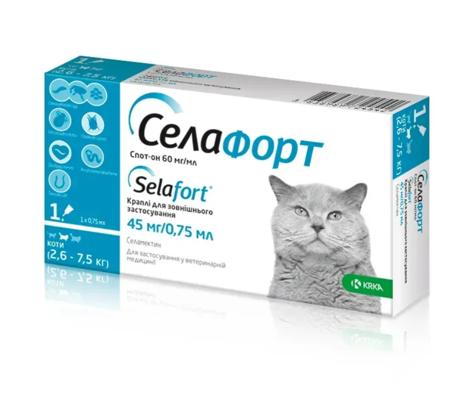 Селафорт спот-он 45 мг/0,75 мл для кошек весом 2,6-7,5 кг 1 пипетка Селафорт спот-он 45 мг/0,75 мл для кошек весом 2,6-7,5 кг 1 пипетка