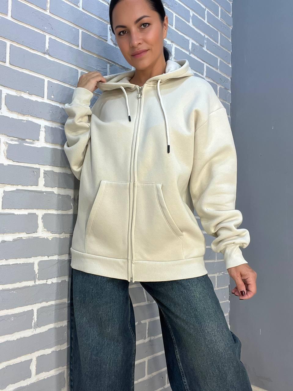 Толстовка жіноча QUZEN 482 подовжена на блискавці капюшон базова фліс утеплена OS Бежевий (984) - фото 3