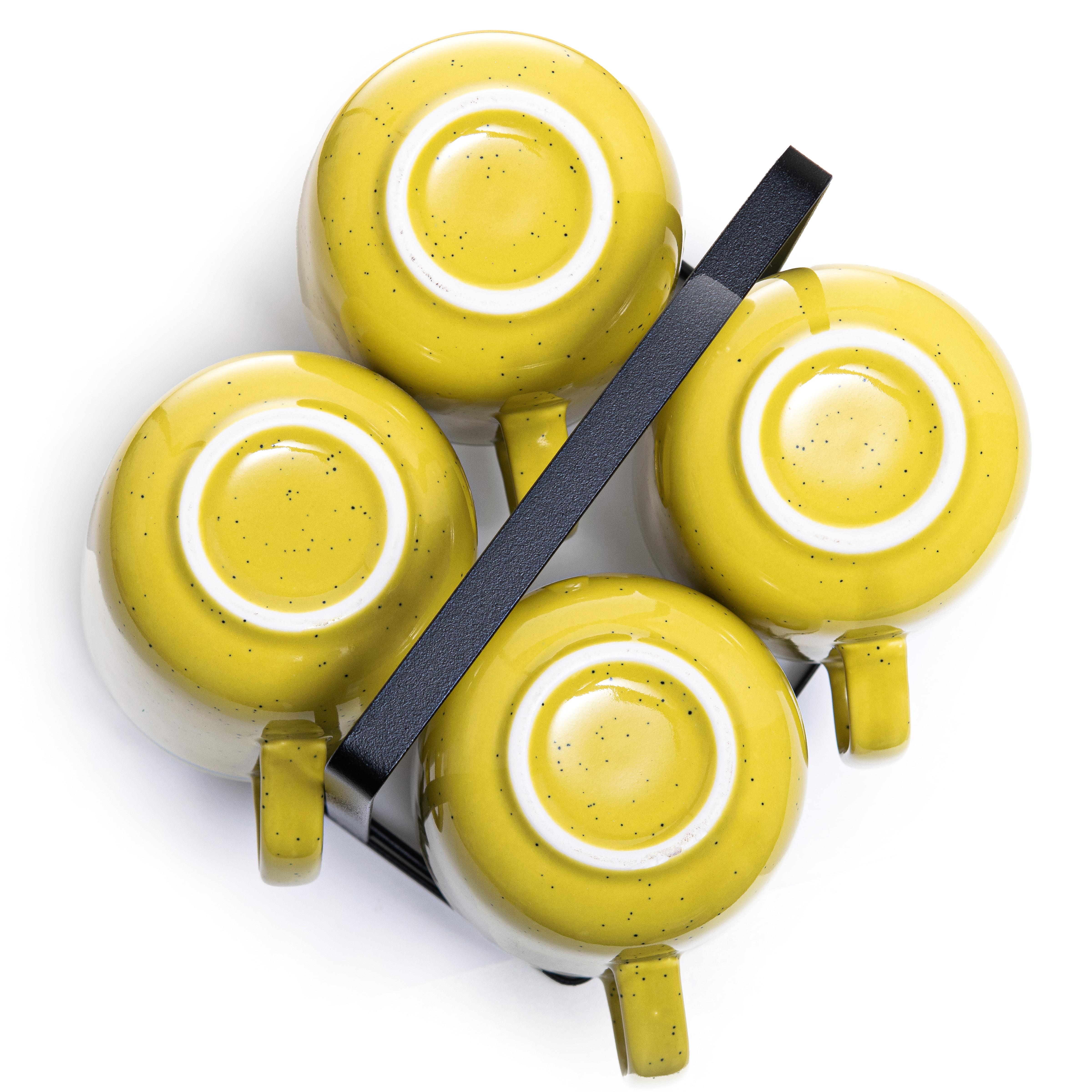 Набор чашек elemi Fish&Chill с подставкой керамика/металл 390 мл 4 шт. Желтый/Голубой (УТ-00094453) - фото 3