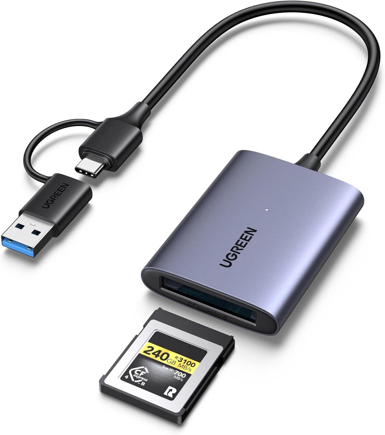 Кардидер UGREEN CM516 CFexpress Type-A/USB-A/Type-C для ноутбуков/ПК/iPhone 17/16/Samsung S25/iPad Pro 800 МБ/с Grey (45177)