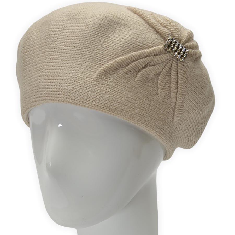 Берет женский Lirus Бонжур из шерсти двойной с узором сбоку и брошью Светлый лен