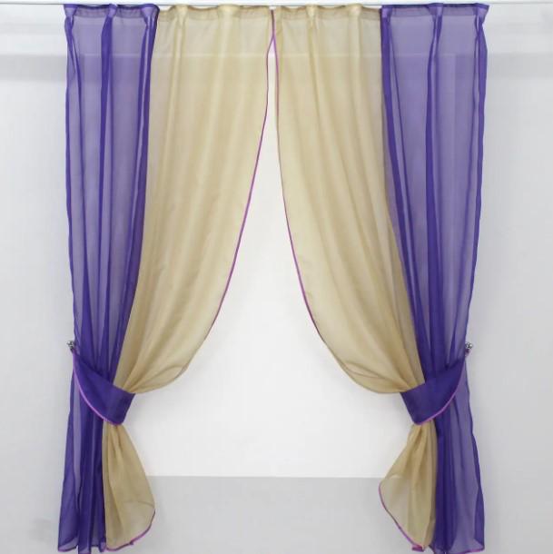 Комплект штор на кухню с подвязками шифон 265х170 см Фиолетовый/Темно-бежевый (017к)