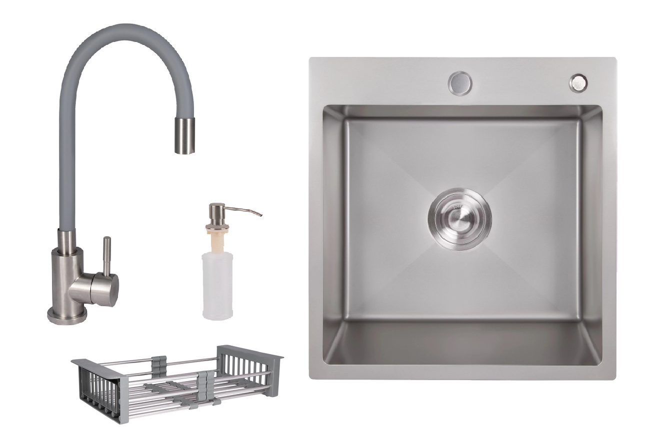 Мийка для кухні з нержавіючої сталі 50/50 Lidz з гнучким краном/дозатором/кошиком Сірий Мийка для кухні з нержавіючої сталі 50/50 Lidz з гнучким краном/дозатором/кошиком Сірий