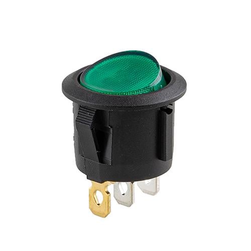 Переключатель on-off с подсветкой 12V круглый 3pin Green 22х22х16мм 6A 250V 10A 125/250V (YJ-WF05B)