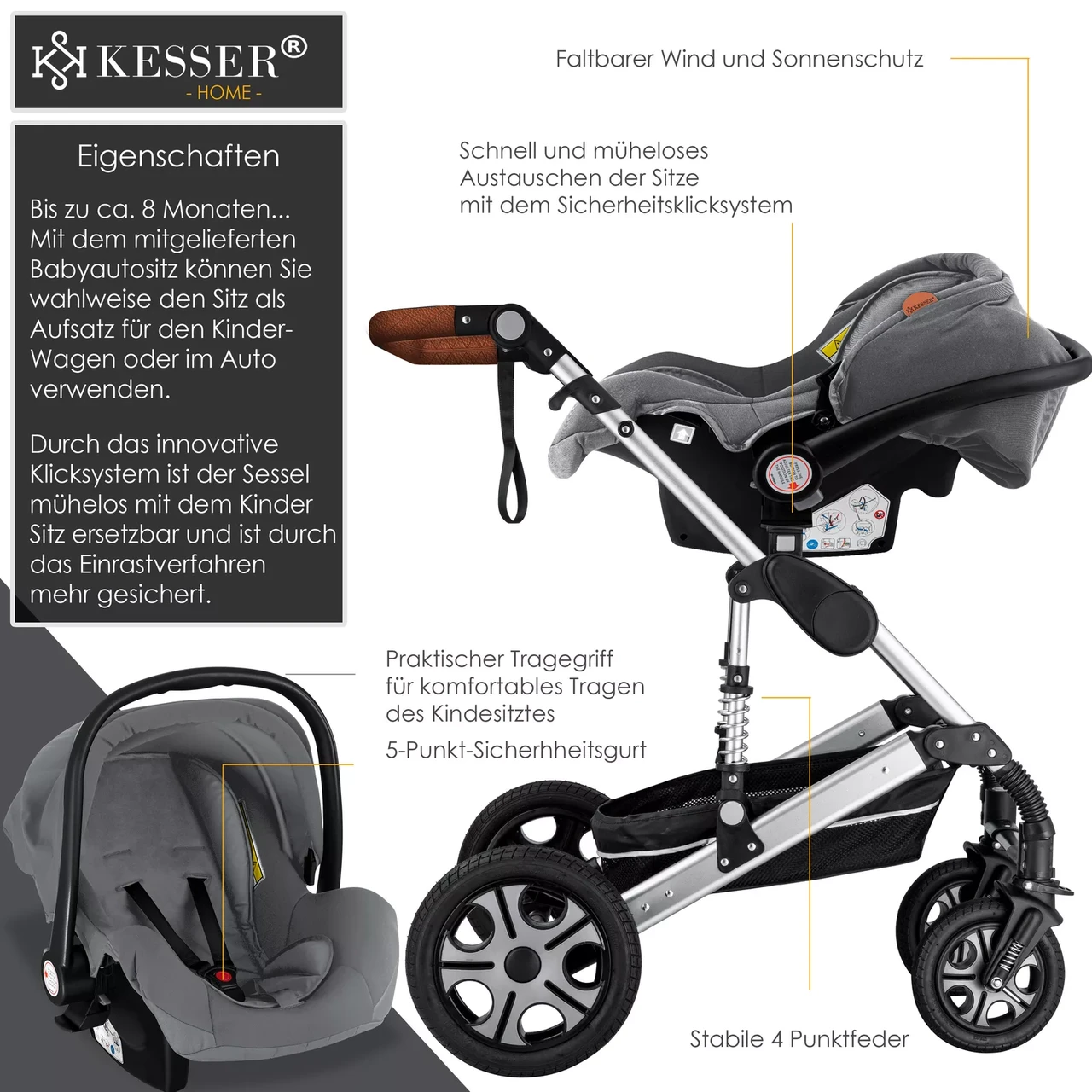 Коляска детская с автокреслом KESSER 3в1 94x64x119 см Серый/Серебряный - фото 3