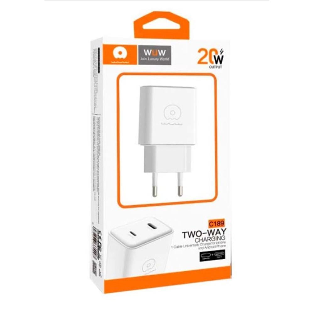 Зарядное устройство сетевое для WUW-C189 PD 20W Charger USB C + USB C White (C189)