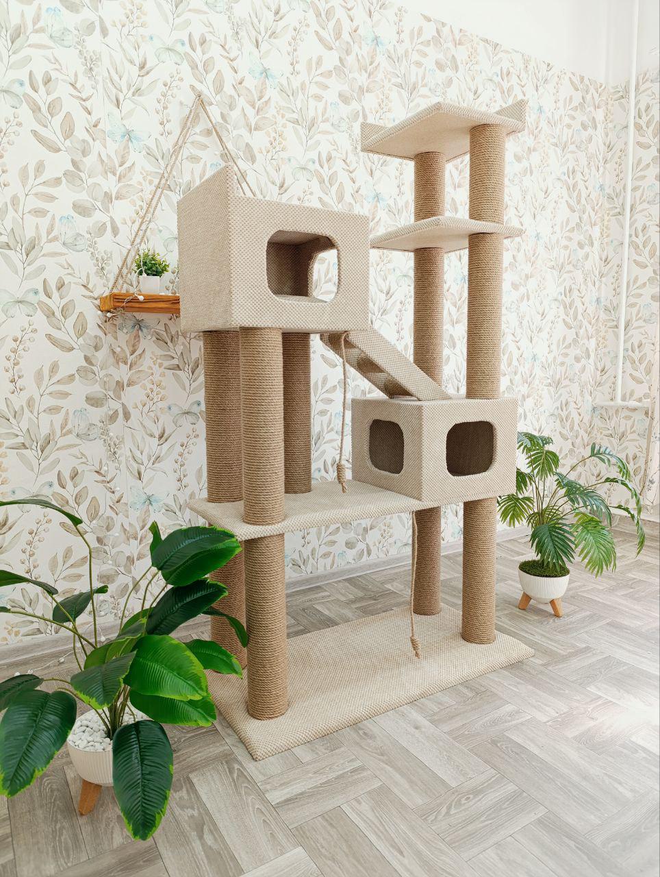 Комплекс игровой для котов высокий с двумя домиками 170х100х50 см Бежевый