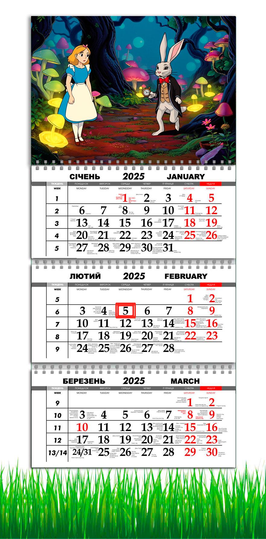 Календарь настенный квартальный на 2025 год APRIORI Алиса в стране чудес на 3 пружины 30х61 см (UA3033)