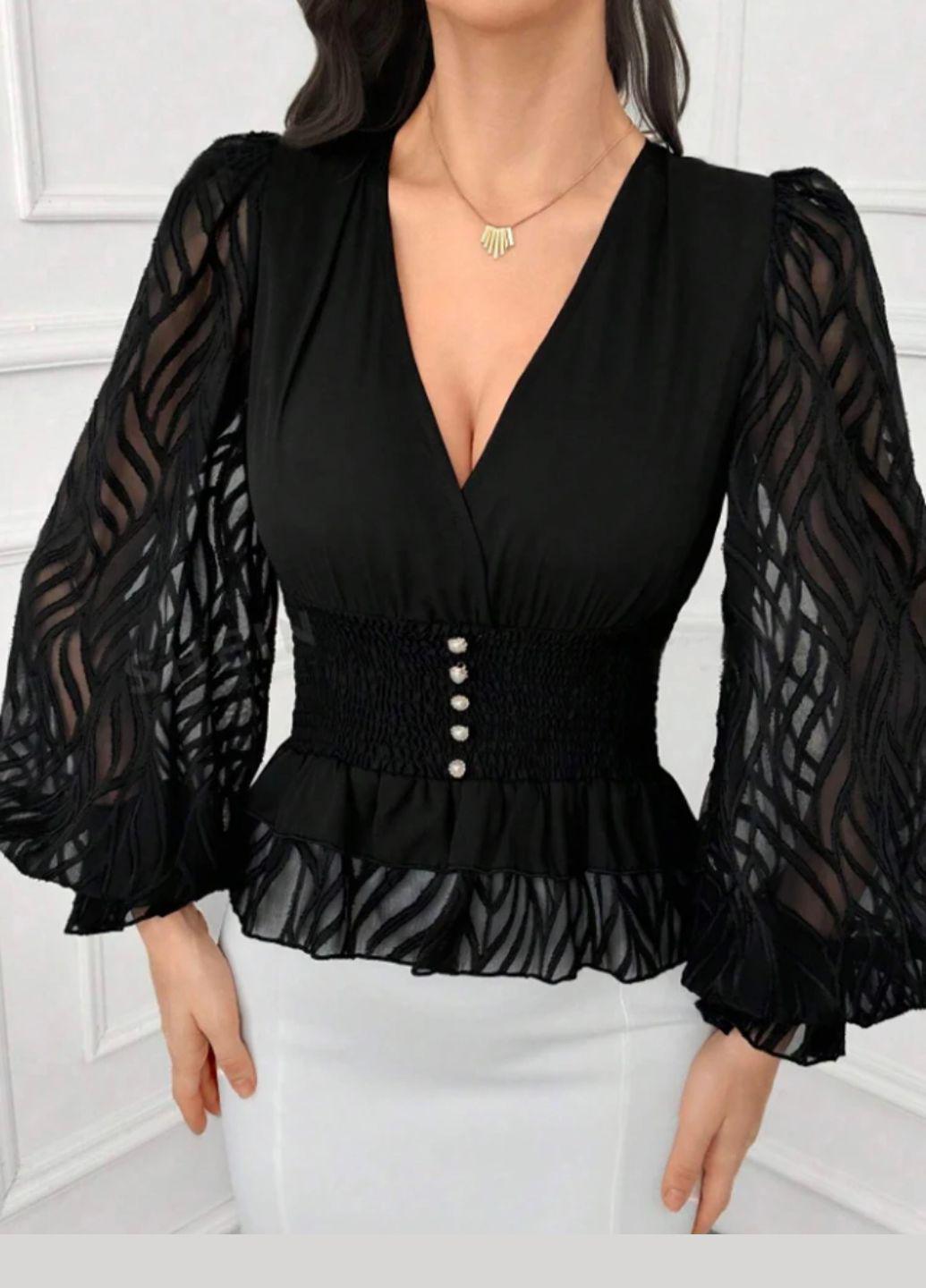 Блузка женская на запах укороченная с полупрозрачными рукавами 17604 L Черный (48)
