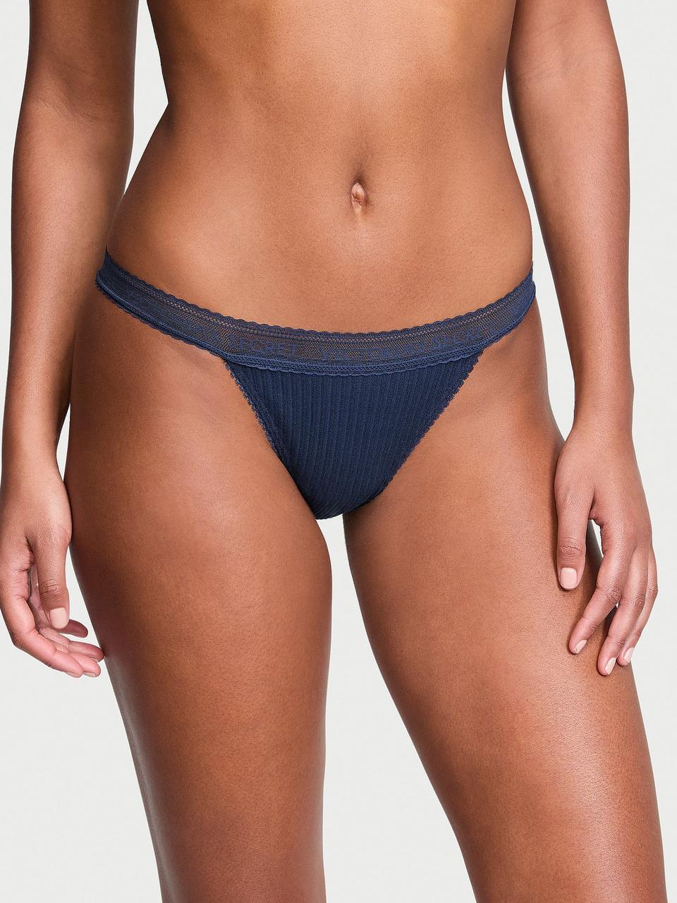 Трусики женские Victoria Secret Logo Cotton Lace-Waist Tanga S Синий (2285471496)