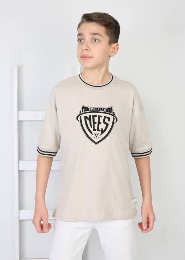 Футболка для мальчика с принтом 146 см Бежевый (06449)